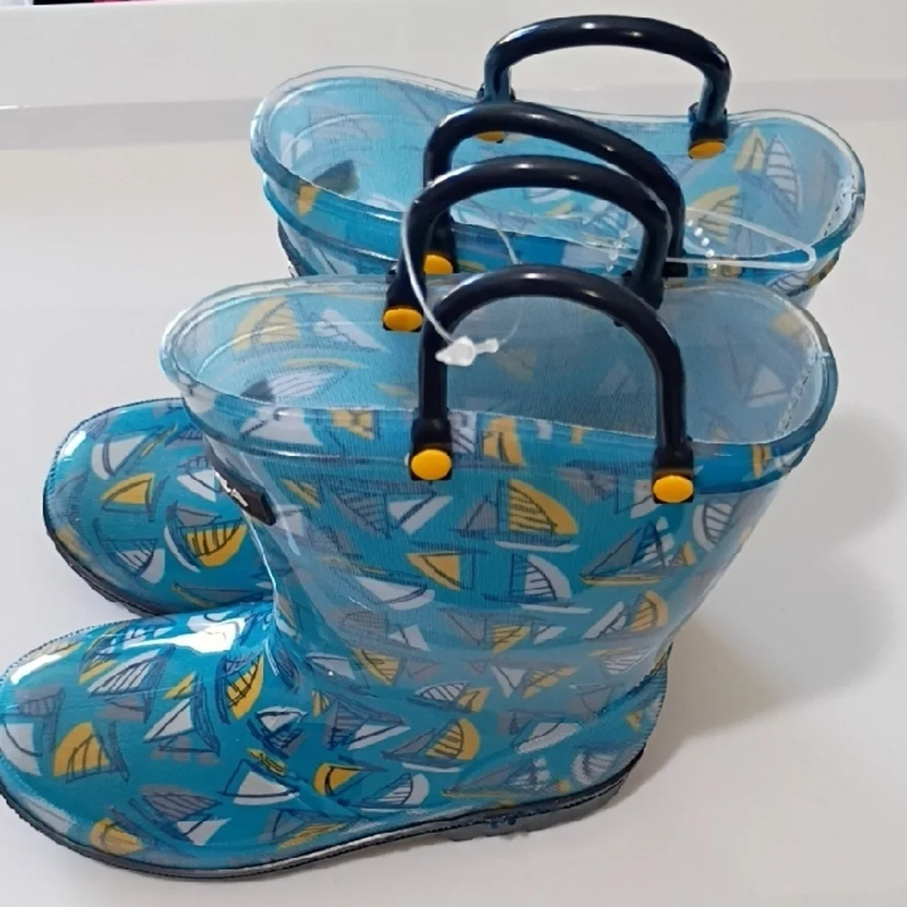 NAUTICA KIDS PULL-ON RAIN BOOTS Blue Yellow Sailboat Print SIZE 11 Toddler NWT